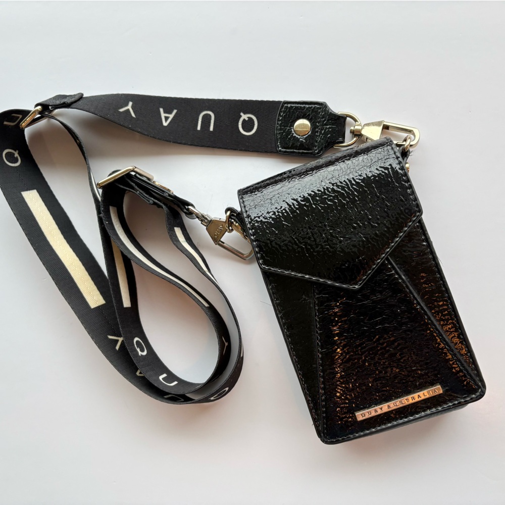 Quay Australia Small Crossbody Bag Logo Strap Patent Leather Black Gold Camo